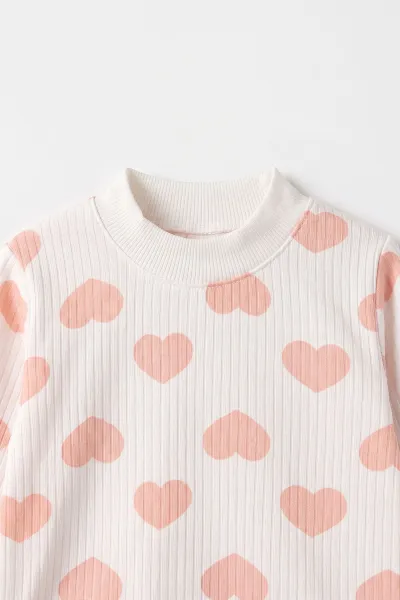 Yavruağzı Beyaz   (1-3 Yaş) Kalp Desenli  Raporlu Kız Çocuk Pijama Takım 477350