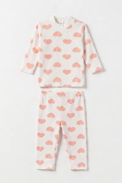 Yavruağzı Beyaz   (1-3 Yaş) Kalp Desenli  Raporlu Kız Çocuk Pijama Takım 477350