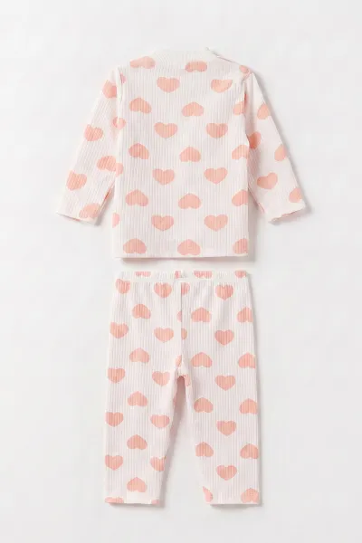 Yavruağzı Beyaz   (1-3 Yaş) Kalp Desenli  Raporlu Kız Çocuk Pijama Takım 477350