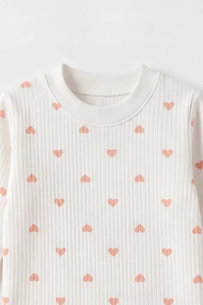 Yavruağzı Beyaz   (1-3 Yaş) Küçük Kalp Desenli  Raporlu Kız Çocuk Pijama Takım 477354
