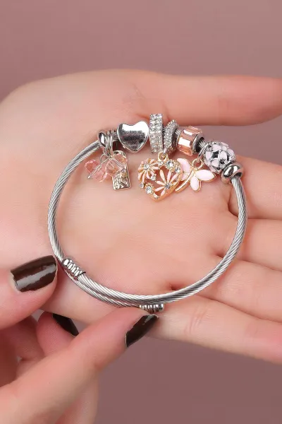 Yavruağzı Gümüş  Kelebek Detaylı  Zirkon Taşlı Çelik Pandora Bileklik 309983