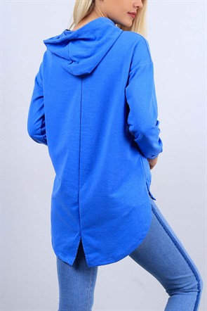 Yazı Detaylı Kapşonlu İndigo Sweat 10215B
