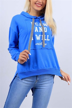 Yazı Detaylı Kapşonlu İndigo Sweat 10215B