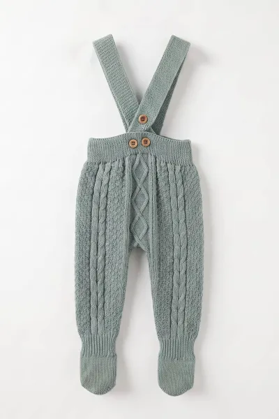 Yeşil (0-12 Ay) Örgülü Ayaklı Unisex Bebek Triko Salopet 474322