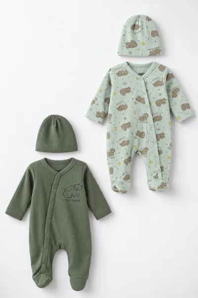 Yeşil (0-3 Ay) Little Friend Baskılı Raporlu ve Patikli  2'li Erkek Bebek Tulum 486912