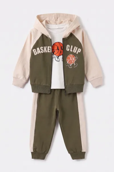 Yeşil (0-4 Yaş) Basketball Baskılı Kapüşonlu Fermuarlı Hırkalı Erkek Çocuk 2 İp 3'lü Takım 471507