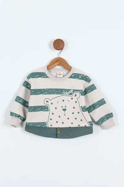 Yeşil (0-4 Yaş) Çizgili Hayvan Baskılı 3 İp Şardonlu Erkek Çocuk Sweatshirt 417554