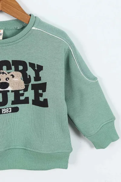 Yeşil (0-4 Yaş)Gujje Baskılı Biye Detaylı  3  İp Şardonlu Erkek Çocuk Sweatshirt 417567