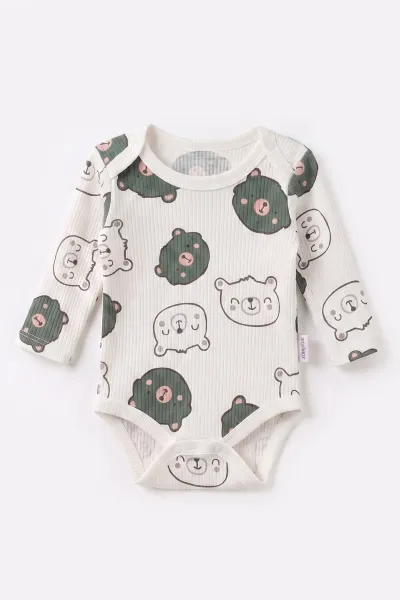 Yeşil (0-9 Ay )  Ayıcık Kafası Desenli  Uzun Kollu    Bebek & Çocuk Çıtçıtlı Badi 480355