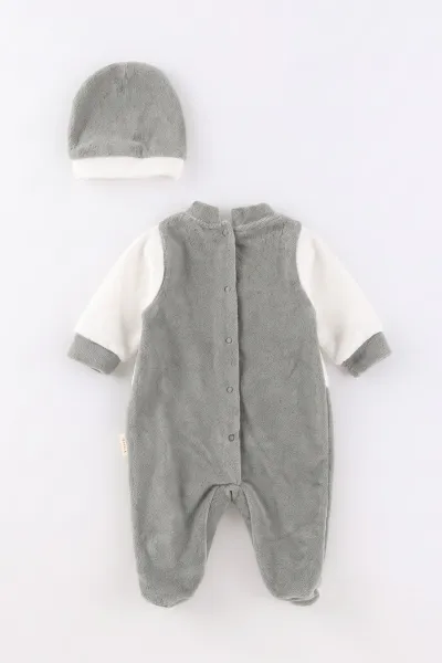 Yeşil (0-9 Ay) Dinozor Nakışlı Patikli Şapkalı Kadife Erkek Bebek Tulum 497892