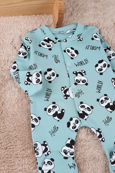 Yeşil (0-9 Ay) Panda Baskılı Çıtçıtlı Patikli Erkek Bebe Tulum 180090