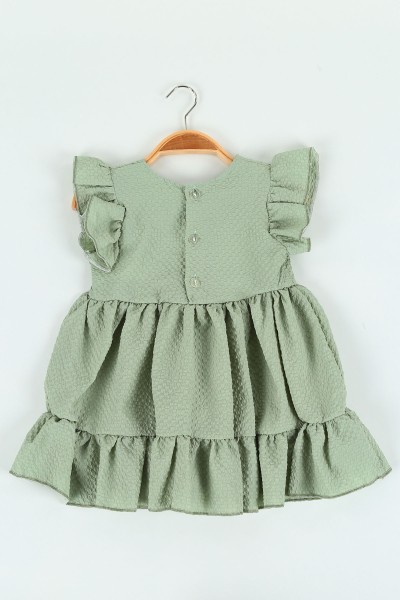 Yeşil (1-4 yaş) Çiçek Nakışlı Gofre Kız Çocuk Elbise 120394