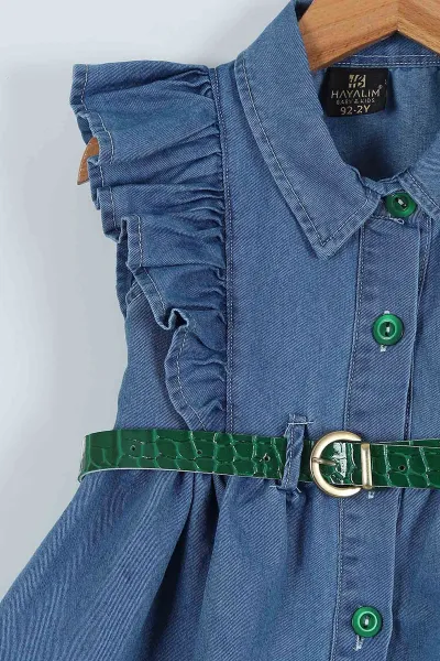Yeşil (1-4 Yaş) Leopar Desenli Çanta Kemerli Kız Çocuk Elbise 268259