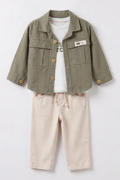 Yeşil (1-4 Yaş)Cebi Nakışlı Gabardin Ceketli  Erkek Çocuk&Bebek 3'lü Takım 501394