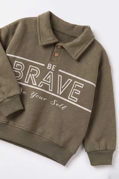 Yeşil (1-5 Yaş) Brave Baskılı Yaka Patlı 3 İp Şardonlu Sweatli Kot Pantolonlu Erkek Çocuk Kışlık Takım 496205