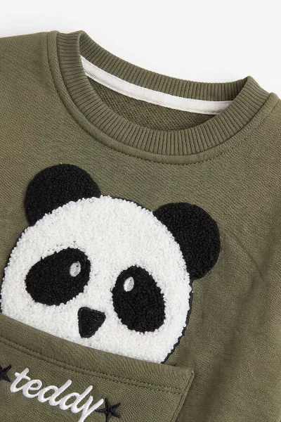 Yeşil (1-5 Yaş) Panda Nakışlı Cep Detay 3 İp Şardonlu Erkek Çocuk Kışlık Takım 486834