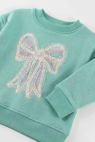 Yeşil (1-5 Yaş)Pul Fiyonklu Nakışlı 3 İp Şardonlu Kız Çocuk Kışlık Takım 498061