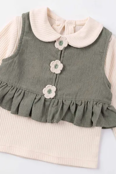 Yeşil (1-5 Yaş)Üç Çiçek Nakışlı Kadife Yelek ve Pantolonlu Bebe Yaka Fitilli Badili  Kız Çocuk 3'lü Takım 496163