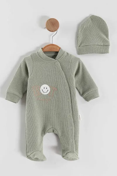 Yeşil (1-9 Ay)Boy Nakışlı Waffle Kumaş Çapraz Çıtçıtlı Erkek Bebek Tulum 434937