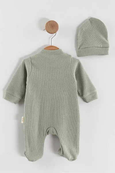 Yeşil (1-9 Ay)Boy Nakışlı Waffle Kumaş Çapraz Çıtçıtlı Erkek Bebek Tulum 434937