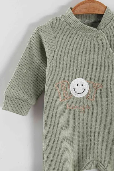 Yeşil (1-9 Ay)Boy Nakışlı Waffle Kumaş Çapraz Çıtçıtlı Erkek Bebek Tulum 434937