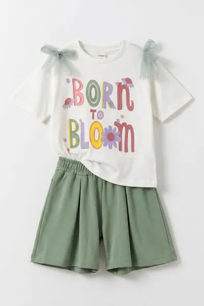 Yeşil (1-9 Yaş) Born Bloom Baskılı Tülli Fiyonklu Tişörtlü Şortlu Kız Çocuk 2'li Takım 461990