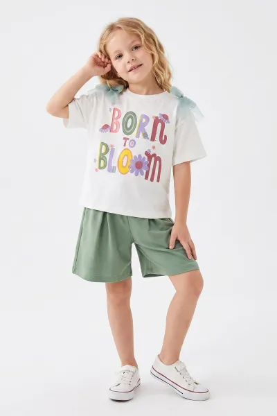 Yeşil (1-9 Yaş) Born Bloom Baskılı Tülli Fiyonklu Tişörtlü Şortlu Kız Çocuk 2'li Takım 461990