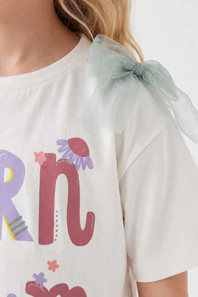 Yeşil (1-9 Yaş) Born Bloom Baskılı Tülli Fiyonklu Tişörtlü Şortlu Kız Çocuk 2'li Takım 461990