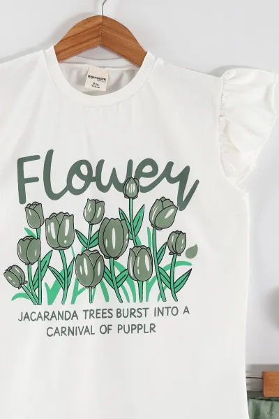 Yeşil (1-9 Yaş) Flower Baskılı Koldan Fırfırlı Tişörtlü ve Cepli Şortlu Süprem Kız Çocuk Yazlık Takım 456418