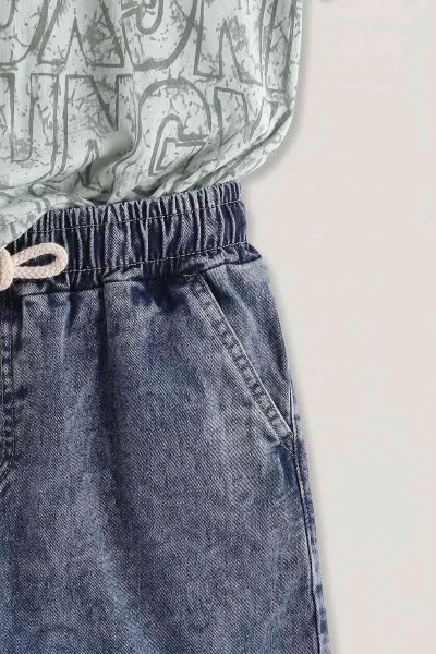 Yeşil (1-9 Yaş) Harf Baskılı Polo Yaka Tişörtlü Kot Şortlu Erkek Çocuk Yazlık Takım 459882