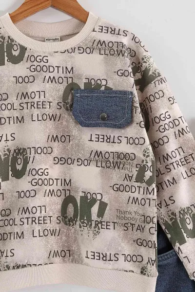 Yeşil (1-9 Yaş) Ok   Baskılı Kot Pantolonlu Erkek Çocuk 2'li Takım 438546