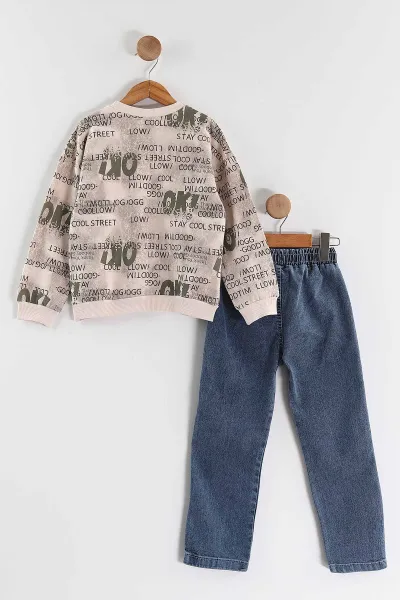 Yeşil (1-9 Yaş) Ok   Baskılı Kot Pantolonlu Erkek Çocuk 2'li Takım 438546