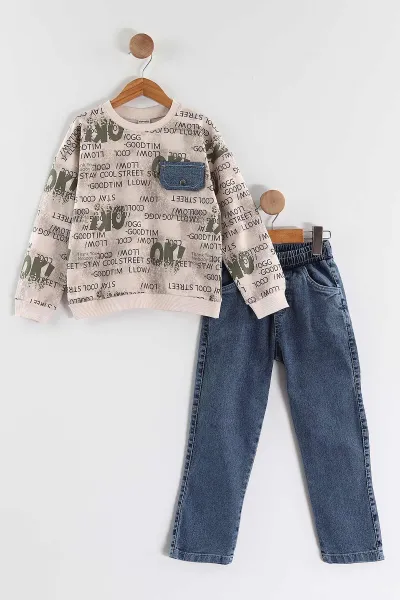 Yeşil (1-9 Yaş) Ok   Baskılı Kot Pantolonlu Erkek Çocuk 2'li Takım 438546