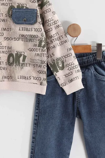 Yeşil (1-9 Yaş) Ok   Baskılı Kot Pantolonlu Erkek Çocuk 2'li Takım 438546