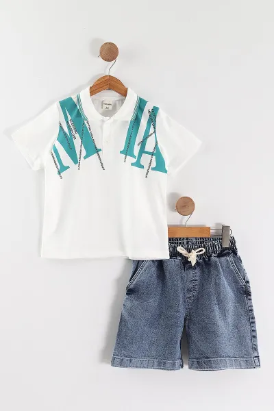 Yeşil (1-9 Yaş)Polo Yaka Baskılı Tişörtlü Kot Şortlu Erkek Çocuk Yazlık Takım 461102