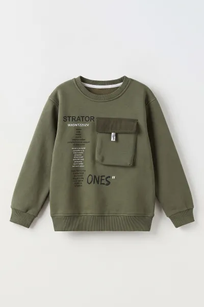Yeşil (2-12 Yaş) Baskılı Cep Detaylı 3 İp Şardonlu Erkek Çocuk Sweatshirt 499656