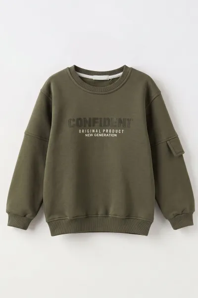 Yeşil (2-12 Yaş) Confident Kabartma Baskılı 3 İp Şardonlu Erkek Çocuk Sweatshirt 486879
