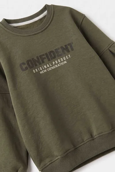 Yeşil (2-12 Yaş) Confident Kabartma Baskılı 3 İp Şardonlu Erkek Çocuk Sweatshirt 486879