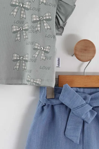 Yeşil (2-5 Yaş)Fiyonk Baskılı Tencel Kumaş Şortlu Kız Çocuk Takım 462560