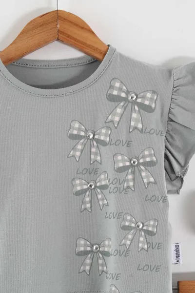 Yeşil (2-5 Yaş)Fiyonk Baskılı Tencel Kumaş Şortlu Kız Çocuk Takım 462560