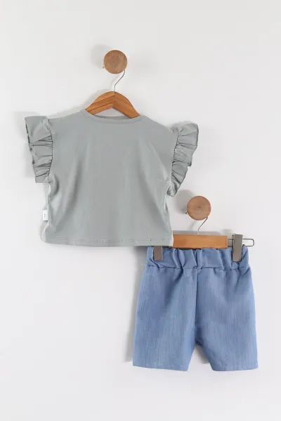 Yeşil (2-5 Yaş)Fiyonk Baskılı Tencel Kumaş Şortlu Kız Çocuk Takım 462560