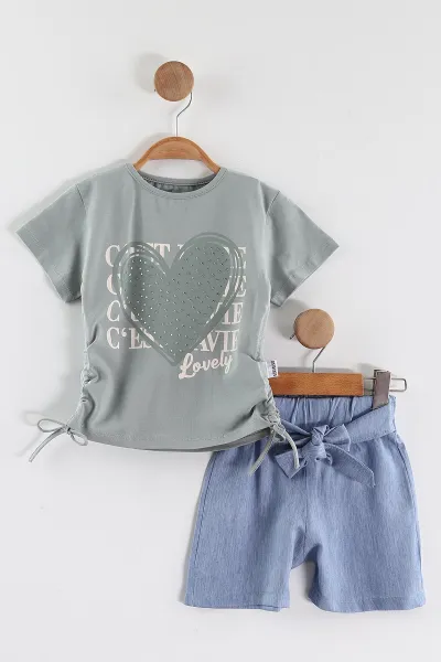 Yeşil (2-5 Yaş)Taşlı Kalp Baskılı Tencel Şortlu Kız Çocuk Takım 436924