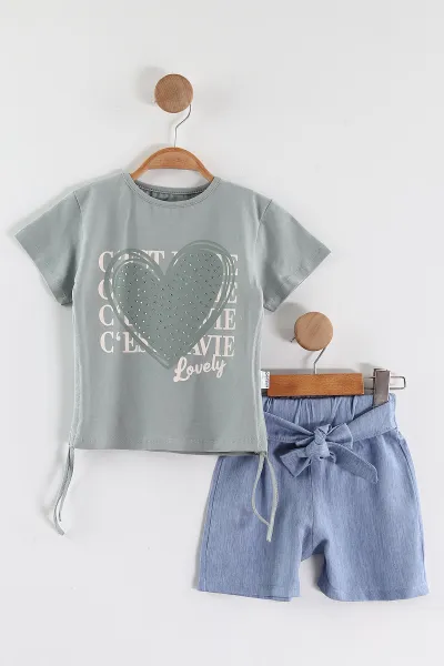 Yeşil (2-5 Yaş)Taşlı Kalp Baskılı Tencel Şortlu Kız Çocuk Takım 436924
