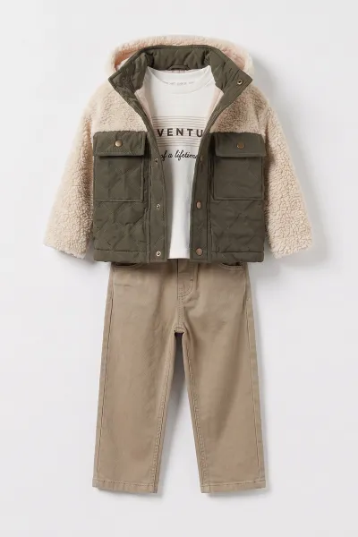 Yeşil (2-6 Yaş) Baskılı Badili Gabardin Pantolonlu ve Montlu Erkek Çocuk 3'lü Takım 499754
