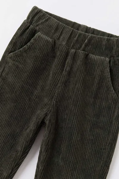 Yeşil (2-6 Yaş) Kanguru Cepli Nakışlı 3 İp Şardonlu Sweatli Kadife Pantolonlu Erkek Çocuk Kışlık Takım 499661