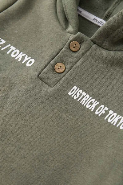 Yeşil (2-6 Yaş) Tokyo Baskılı Yakadan Düğmeli Kapüşonlu 3 İp Şardonlu Erkek Çocuk Kışiık Takım 484149
