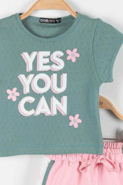 Yeşil (2-6 Yaş) Yes You Can Baskılı Şortlu Kız Çocuk Takım 171441