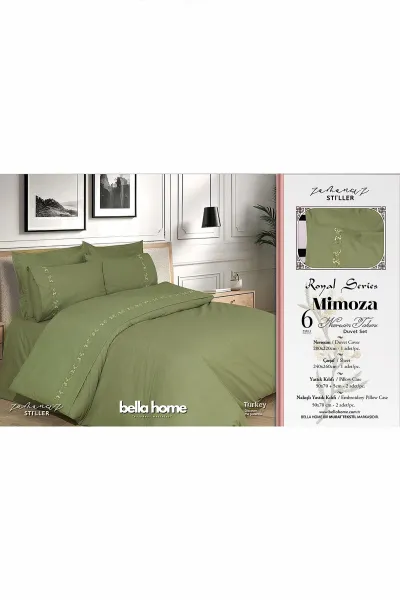 Yeşil 200x220 Cm Bella Home Mimoza Çift Kişilik 6 Parça Nakışlı Nevresim Takımı 474571