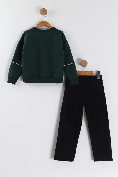Yeşil (3-10 Yaş) Some The One Kabartma Baskılı Sweatli Gabardin  Pantolonlu Erkek Çocuk 2'li Takım 443338