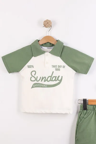 Yeşil (3-10 Yaş)Sunday Baskılı Yakalı Düğmeli Garnili Erkek Çocuk Takım 460725